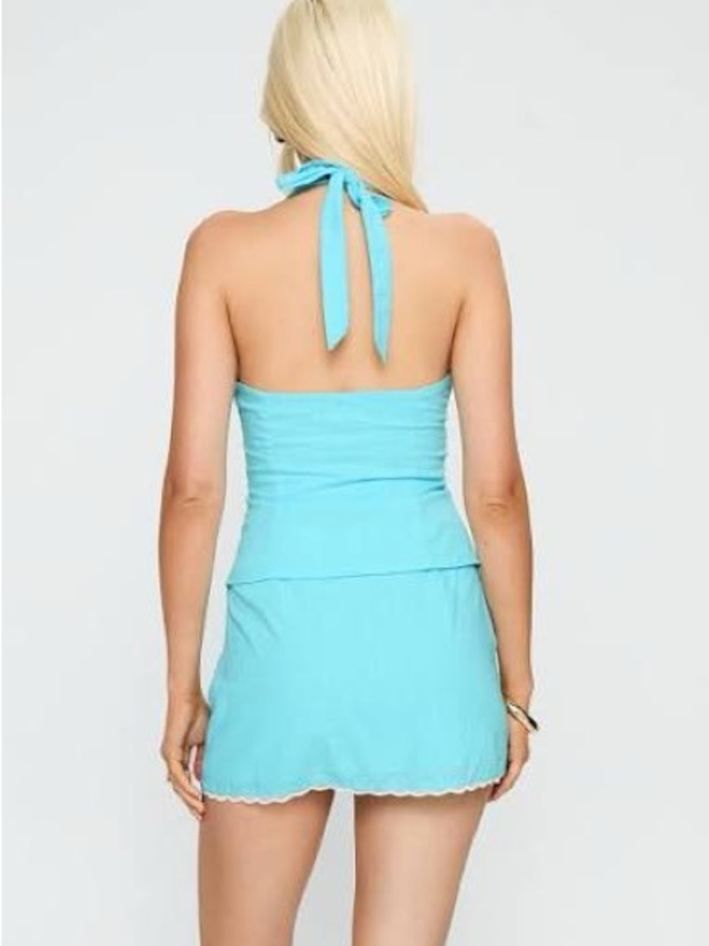 Princess Polly Light Blue Lace Trim Halter Top Mini Skirt Matching Co-ord Set 4 - Picture 8 of 11